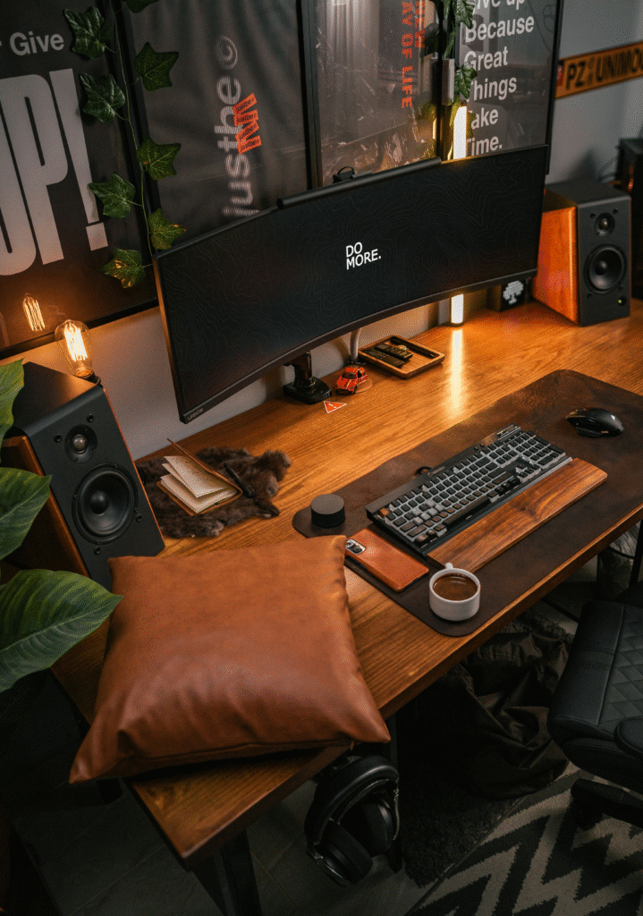 Modern ergonomic home office furniture with wooden desk, mechanical keyboard, leather accessories, and ambient lighting for a productive setup.
